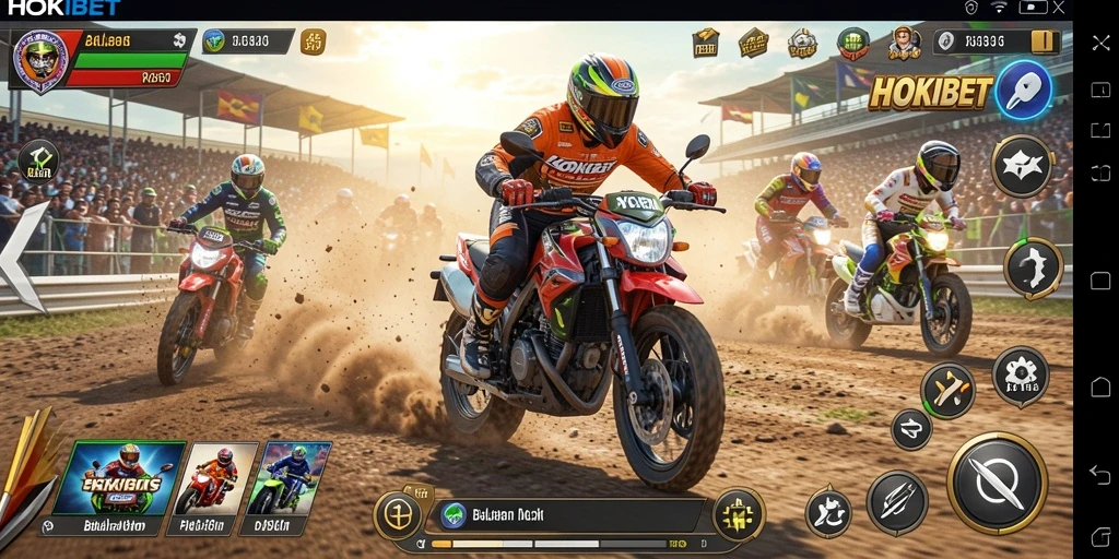 Tampilan gameplay HOKIBET dengan balapan motor yang menegangkan.