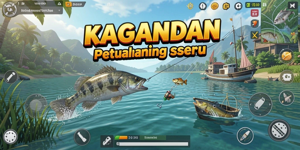 Tampilan gameplay KAGANDAN saat menangkap ikan di perairan indah.