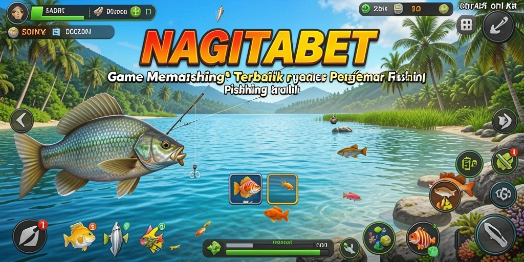 Tampilan gameplay NAGITABET saat memancing ikan di danau.